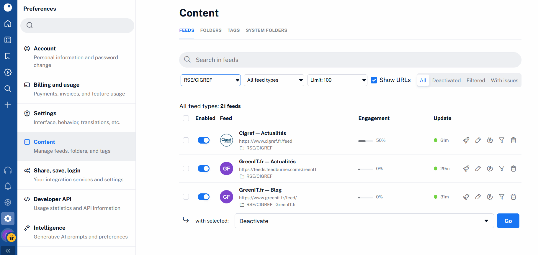Vue détaillée des flux de veille Inoreader