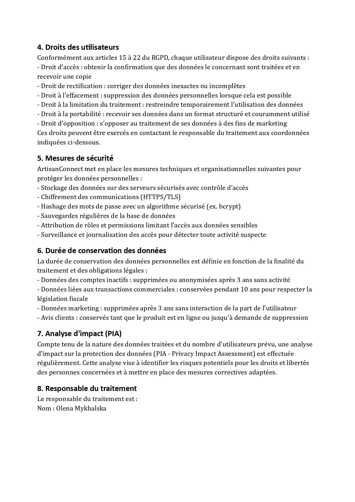 Documentation RGPD – droits, sécurité et conservation