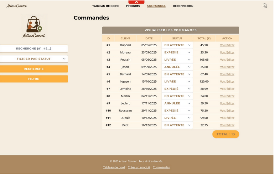 Liste des commandes ArtisanConnect avec statuts et actions