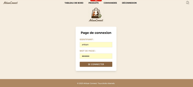 Page de connexion ArtisanConnect