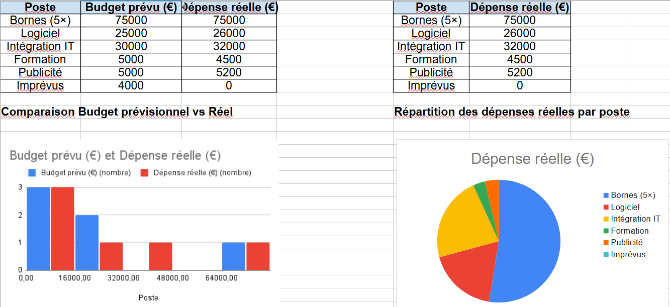 Dashboard financier Distrimarche avec histogramme et camembert