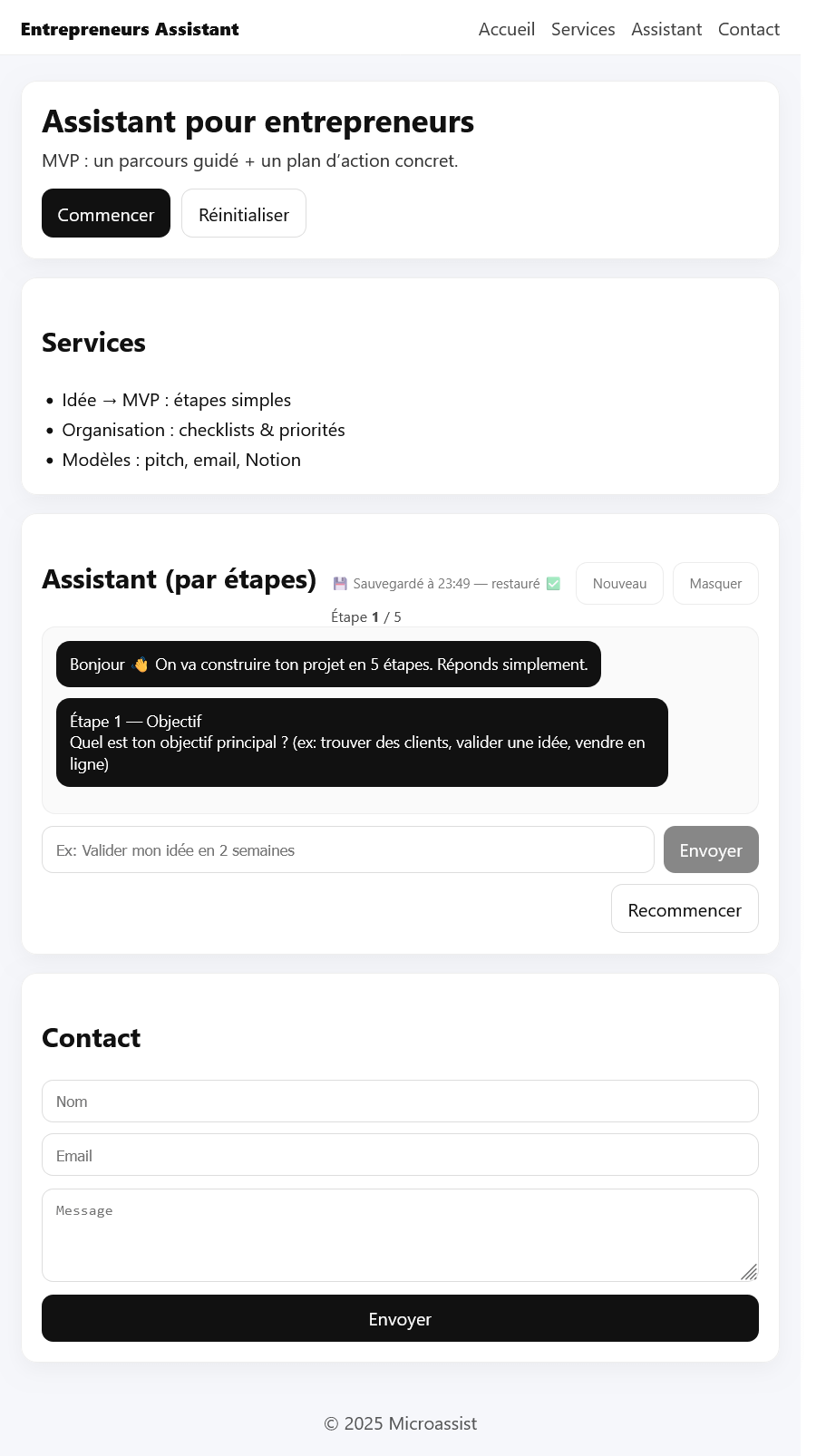 Assistant entrepreneur — interface MVP (tableau de suivi et actions)