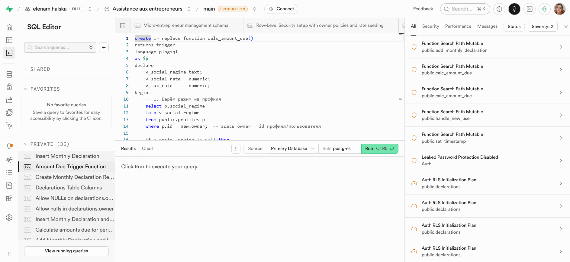 Assistant entrepreneur — structure technique / logique de données (SQL)